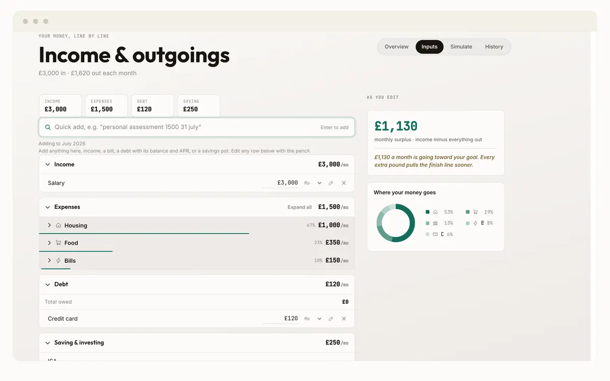 Money app inputs screen collecting income and outgoings